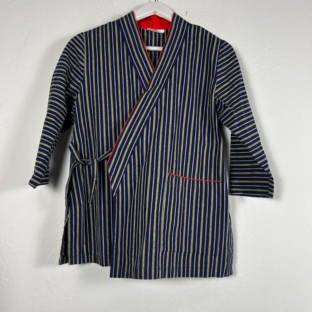 Vintage Mens Japanese Kimono Jacket Size 9 Blue & Beige Striped Wrap Tie-Front